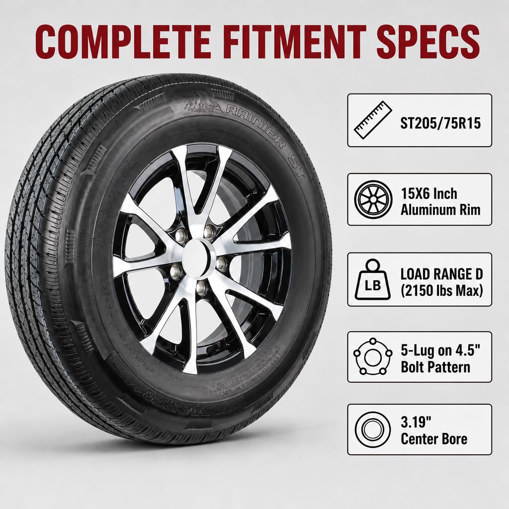 2-Pack Radial Trailer Tire Rim Assembly ST205/75R15 5 Lug Black N16986