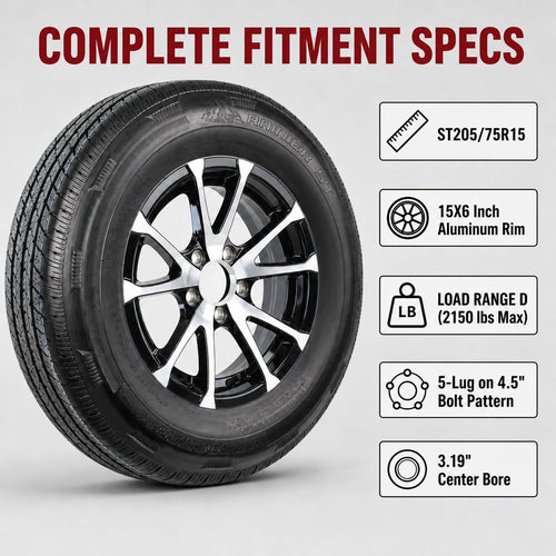 2-Pack Radial Trailer Tire Rim Assembly ST205/75R15 5 Lug Black N16986