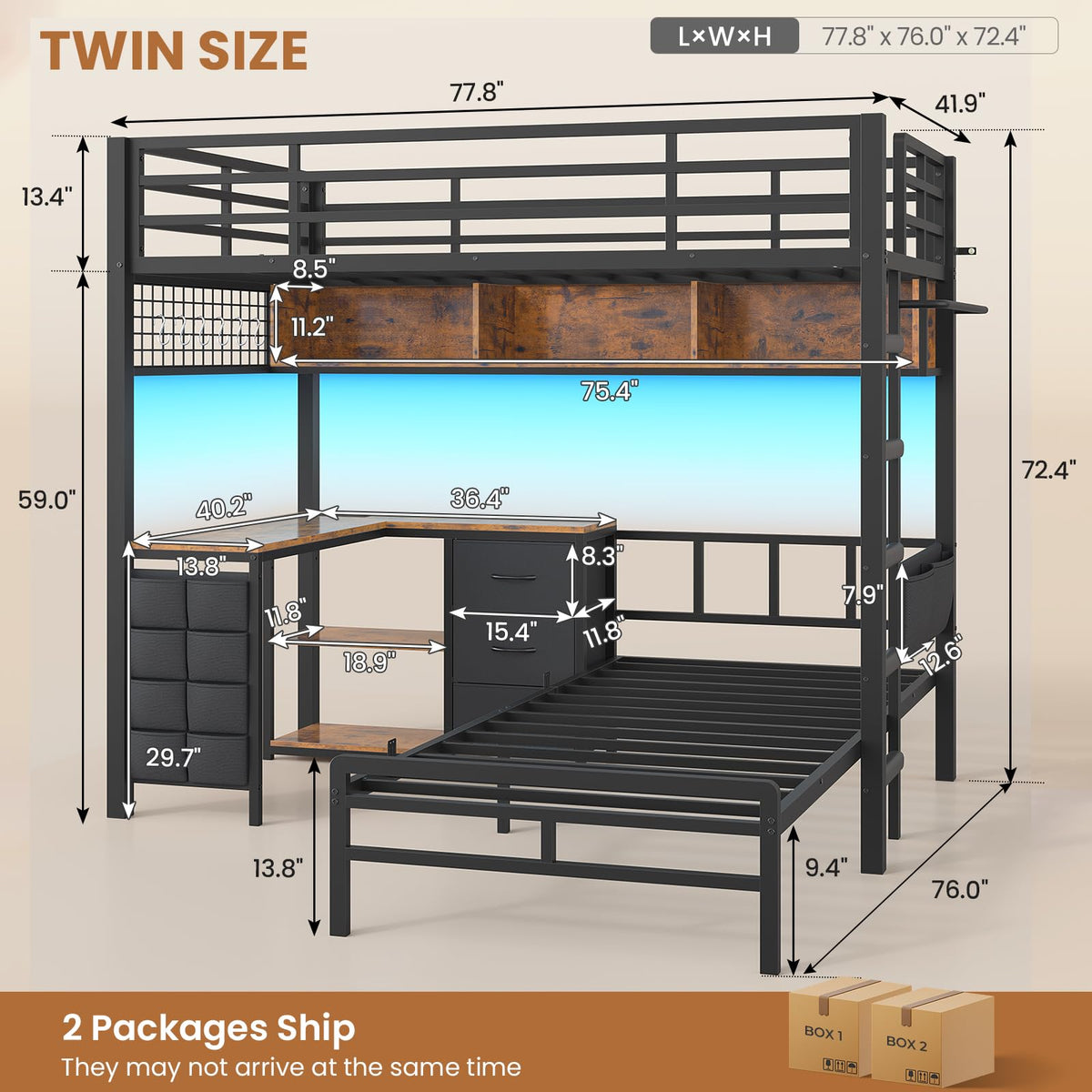 Twin Over Twin Bunk Bed with L Desk, Led Lights, Bookshelf, Storage Drawers & Charging Station, Black O311