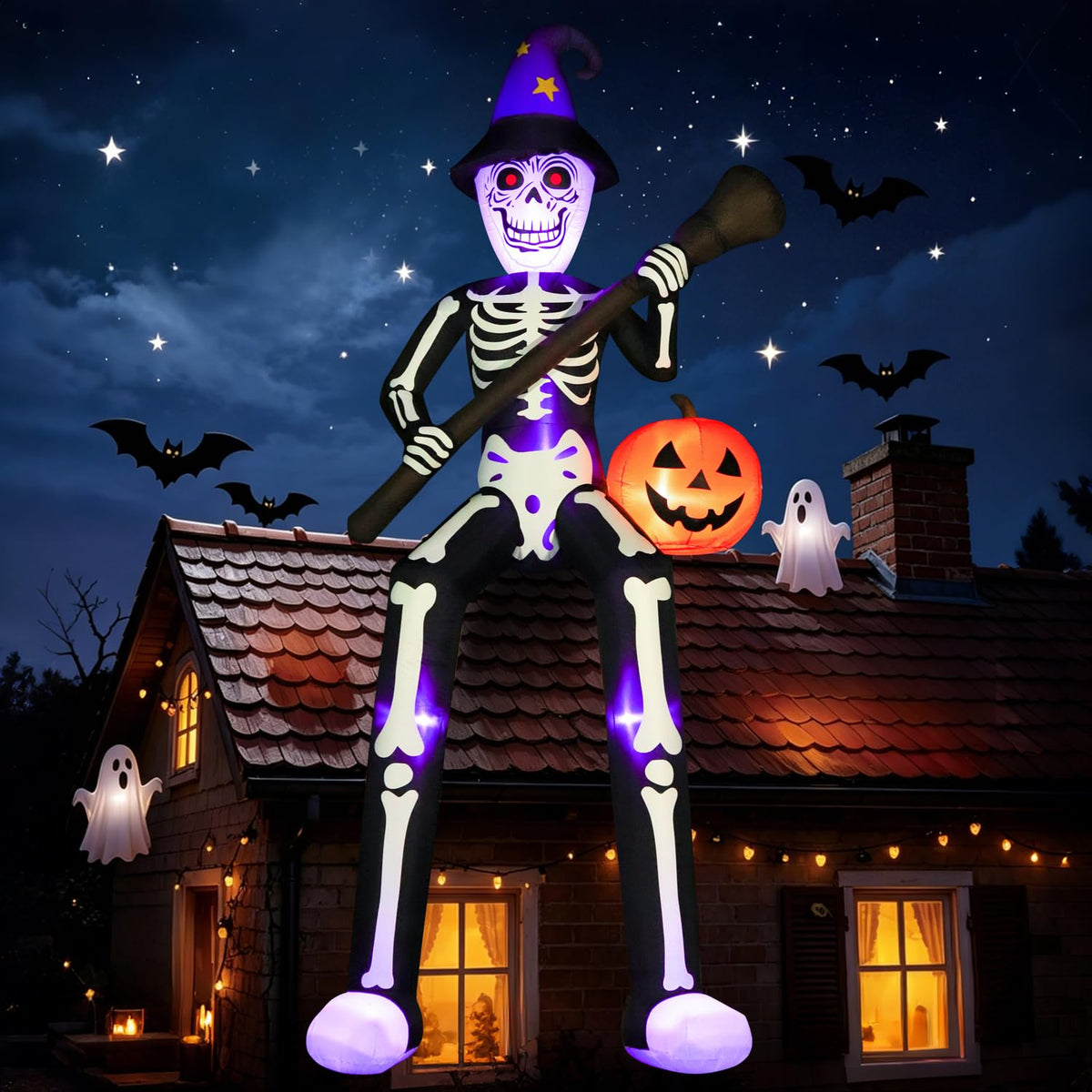12 FT Halloween Inflatable Skeleton Wizard with Broom & Pumpkin U1074