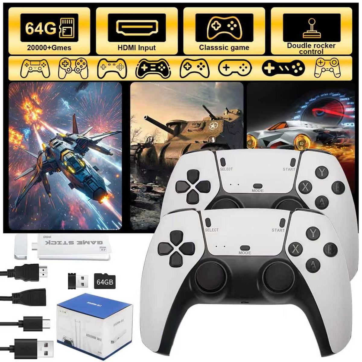 4K HDMI Retro Gaming Console with 64GB TF Card and 2.4G Wireless Controllers C433