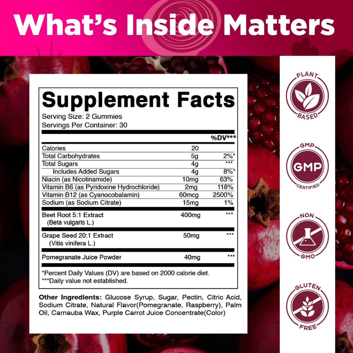 Beet Root Gummies with B6, B12, Grape Seed, Pomegranate & Nicotinamide 60 Count E287