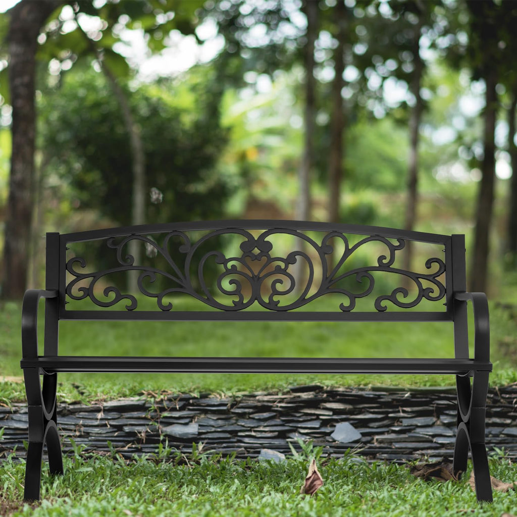 50" Outdoor Garden Bench Black 480lbs Load Capacity H6529