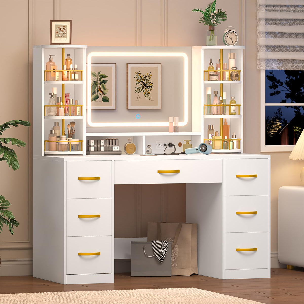 Vanity Desk with Mirror and Lights, 7 Drawers V313