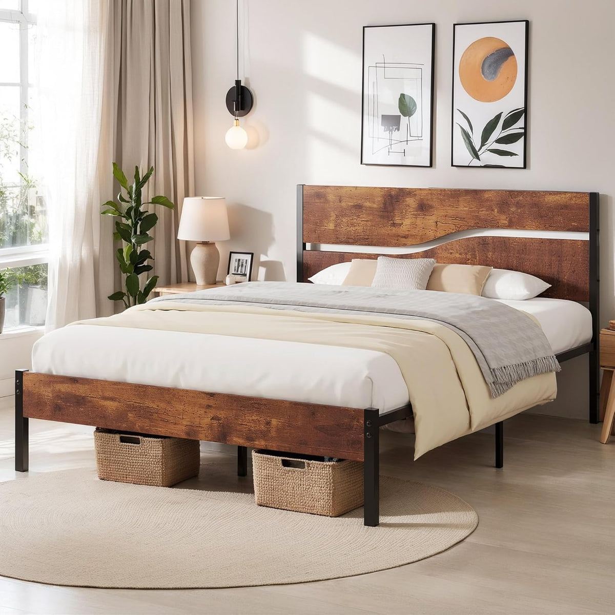 Full Size Metal Platform Bed with Wooden Headboard and Footboard S211
