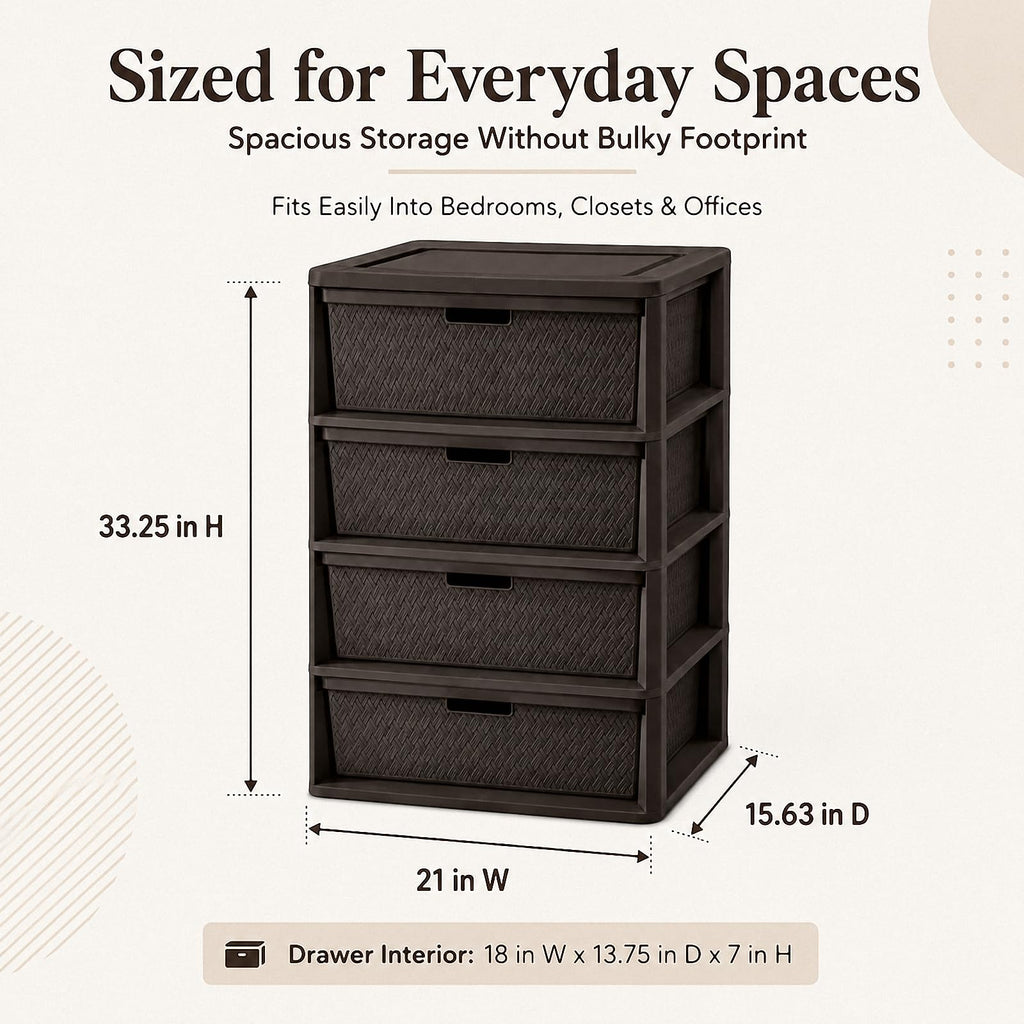 4 Drawer Plastic Storage Tower with Brown Weave Bins T64796