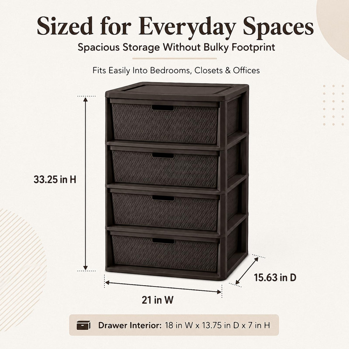 4 Drawer Plastic Storage Tower with Brown Weave Bins T64796