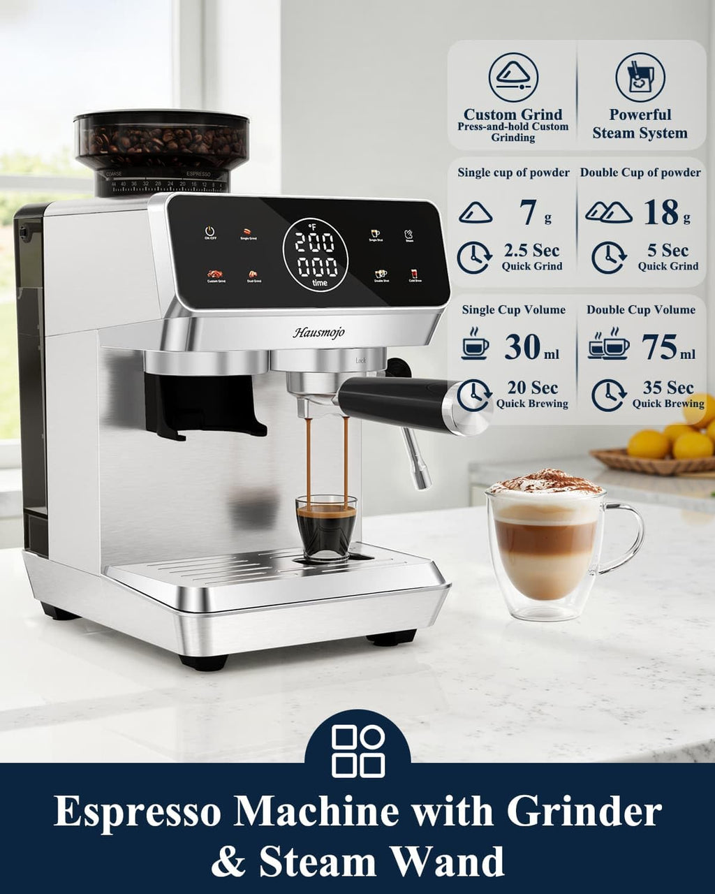 Espresso Machine with Burr Grinder and Steam Wand T6242