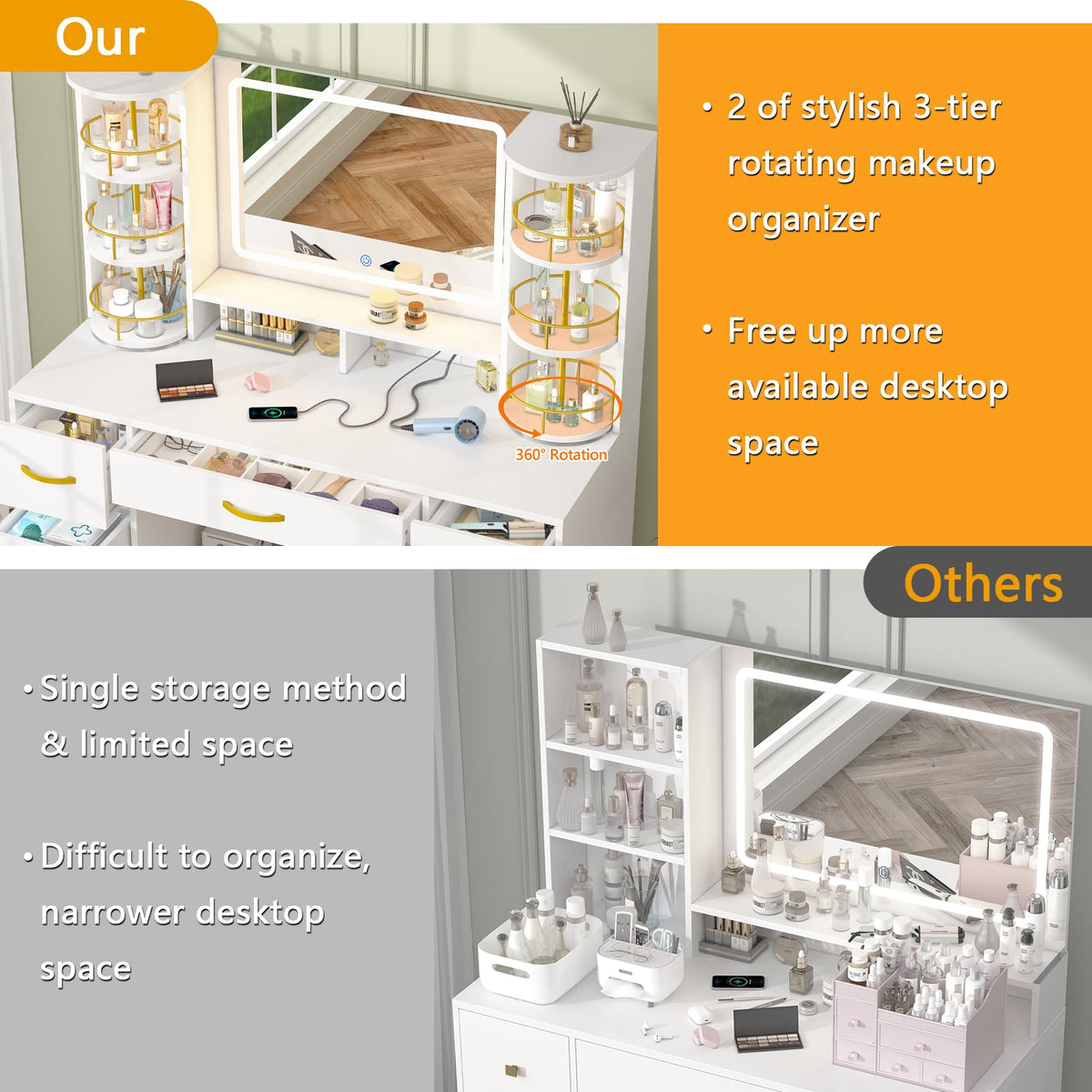 Vanity Desk with Mirror and Lights, 7 Drawers V313