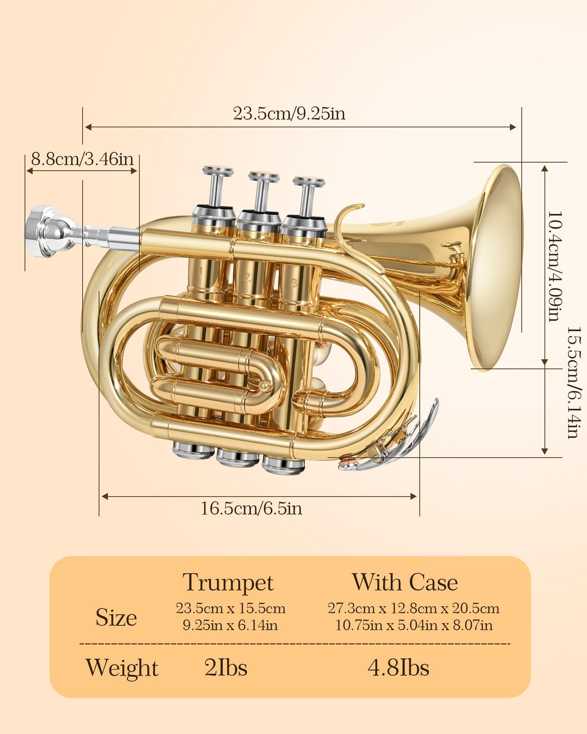B Flat Brass Pocket Trumpet with 7C Mouthpiece and Hard Case U820356