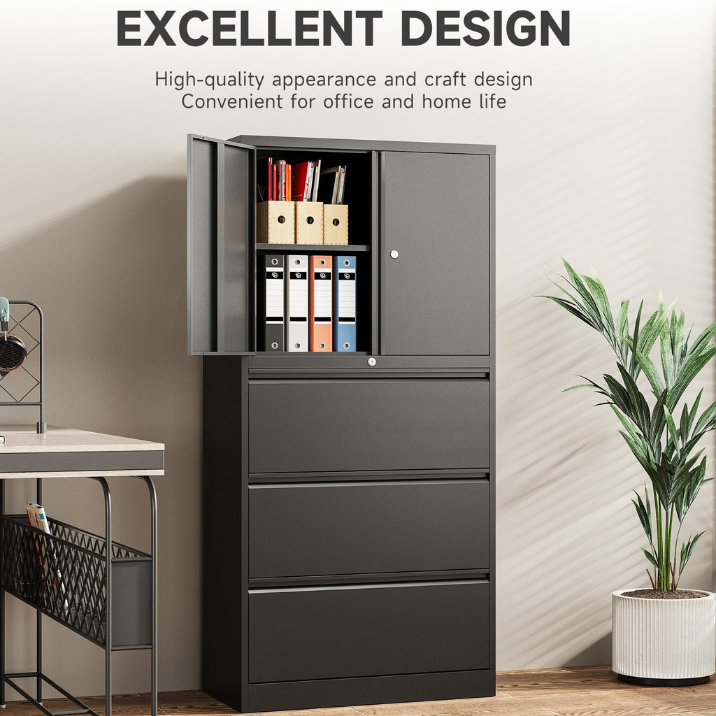 Black 3 Drawer Metal File Cabinet with Lock and Shelf X41363