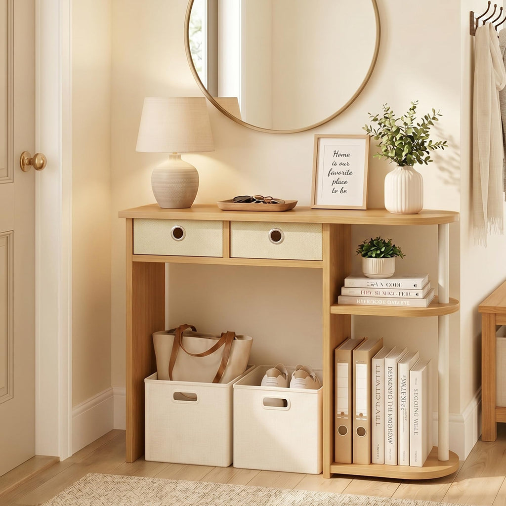 32-Inch Oak Entryway Table with 2 Fabric Drawers M2712