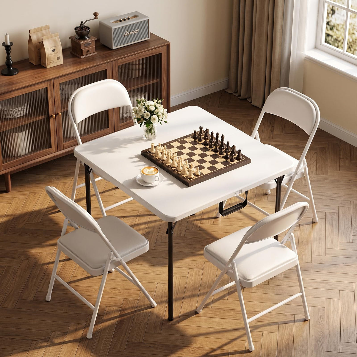 36" White Folding Table with Built-in Handle O576