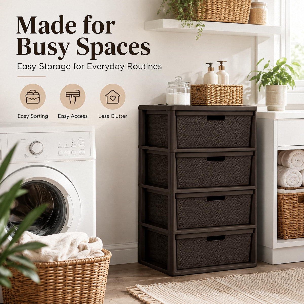 4 Drawer Plastic Storage Tower with Brown Weave Bins T64796