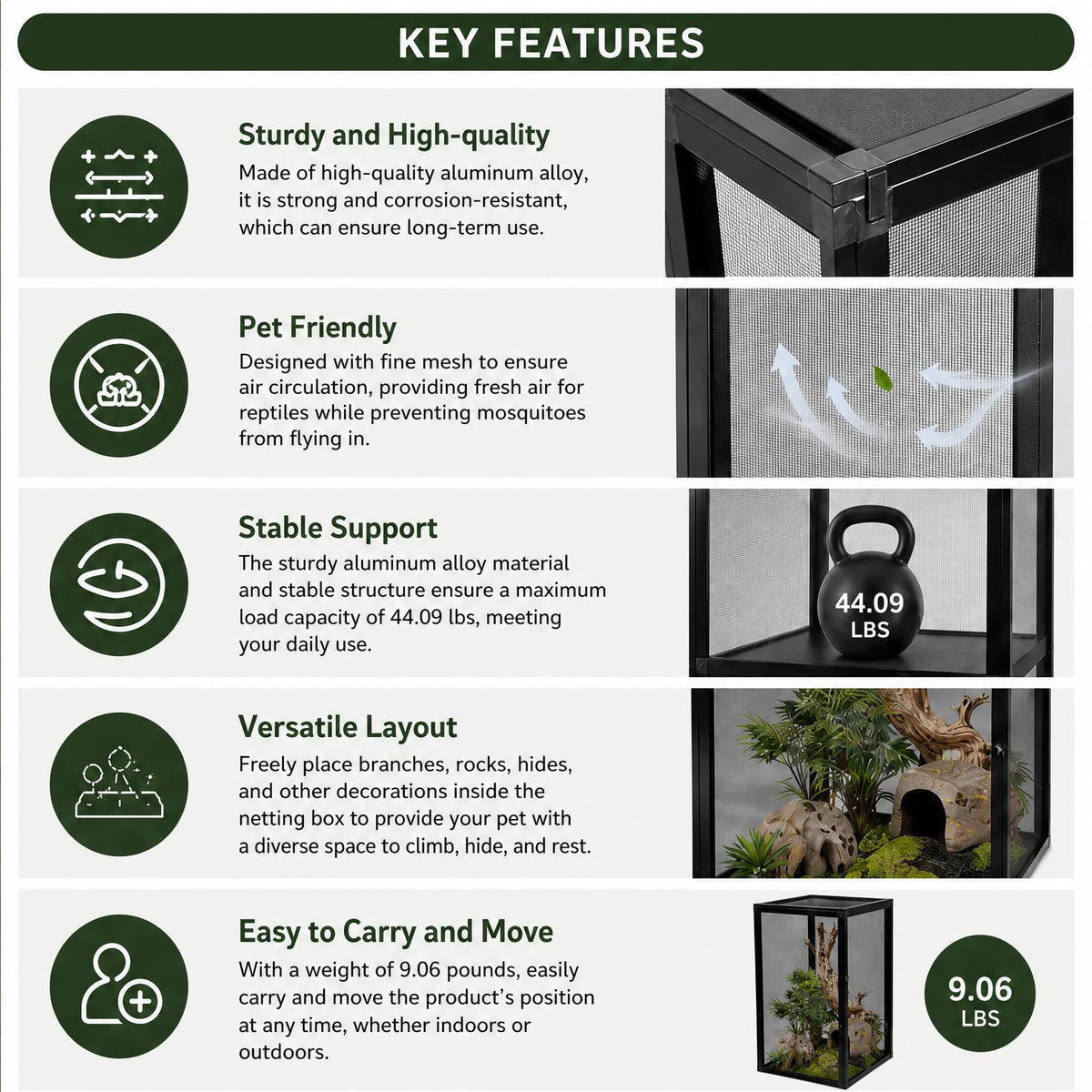 Aluminum Reptile Terrarium Enclosure with Locking Latches W496