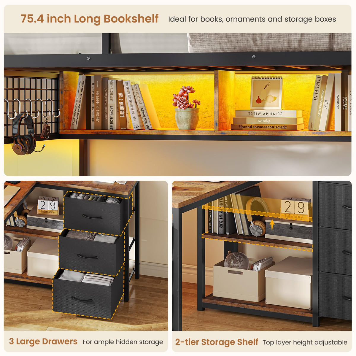 Twin Over Twin Bunk Bed with L Desk, Led Lights, Bookshelf, Storage Drawers & Charging Station, Black O311