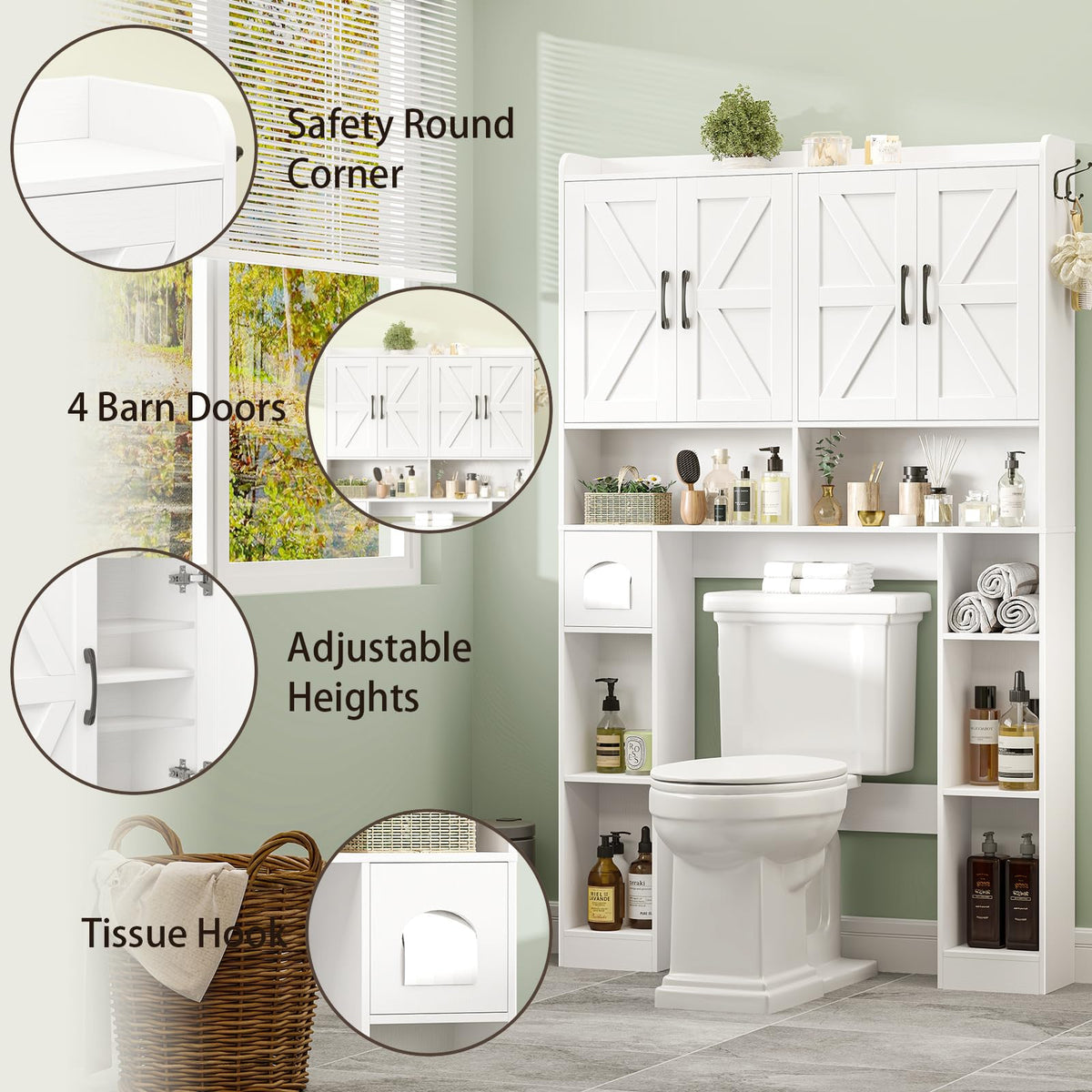 White Over The Toilet Storage Cabinet with 4 Doors I6087