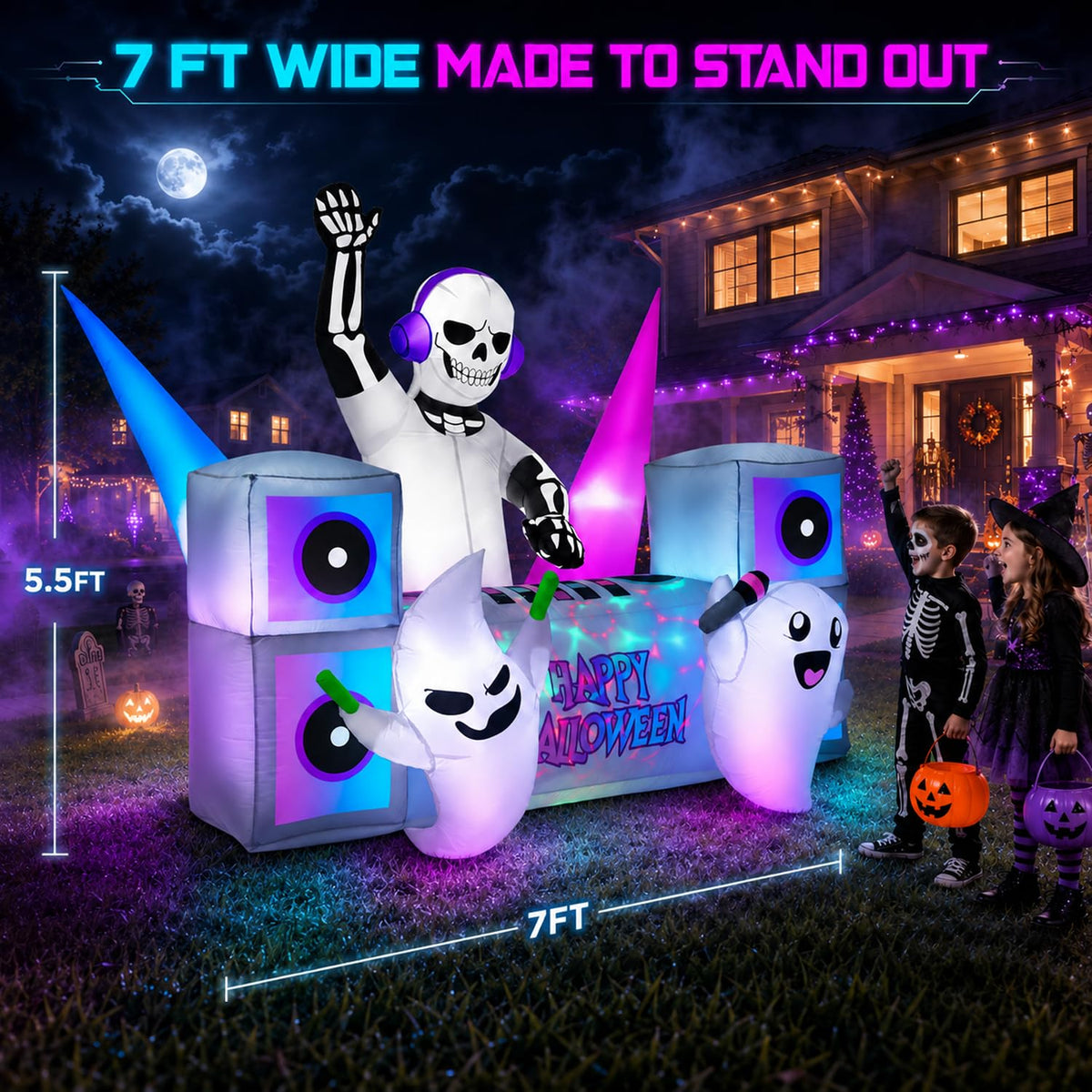 7FT Halloween Inflatable Skeleton DJ Ghosts with Multi-Color LEDs A331
