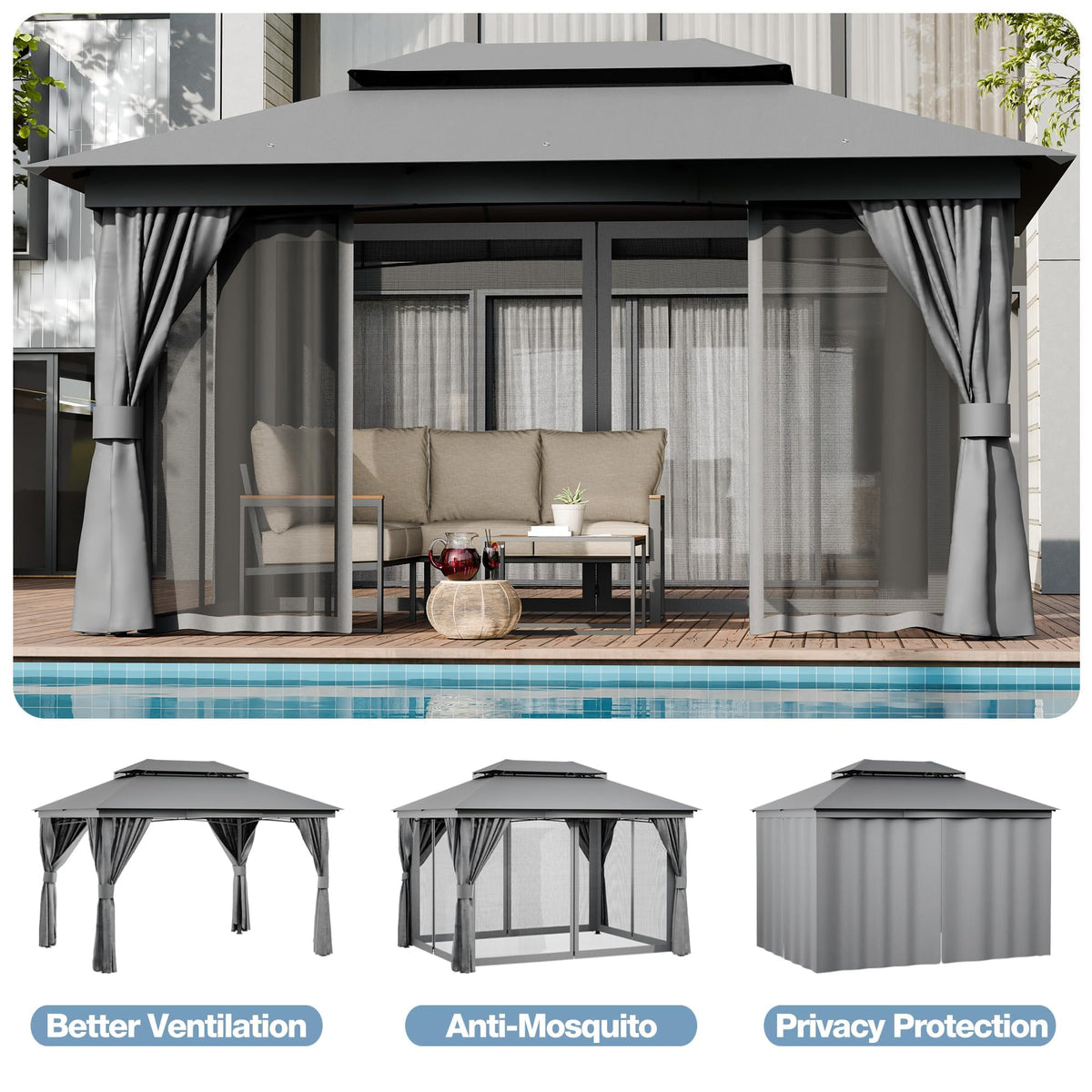 10x13 Outdoor Gazebo with Mosquito Netting and Privacy Screens A97258