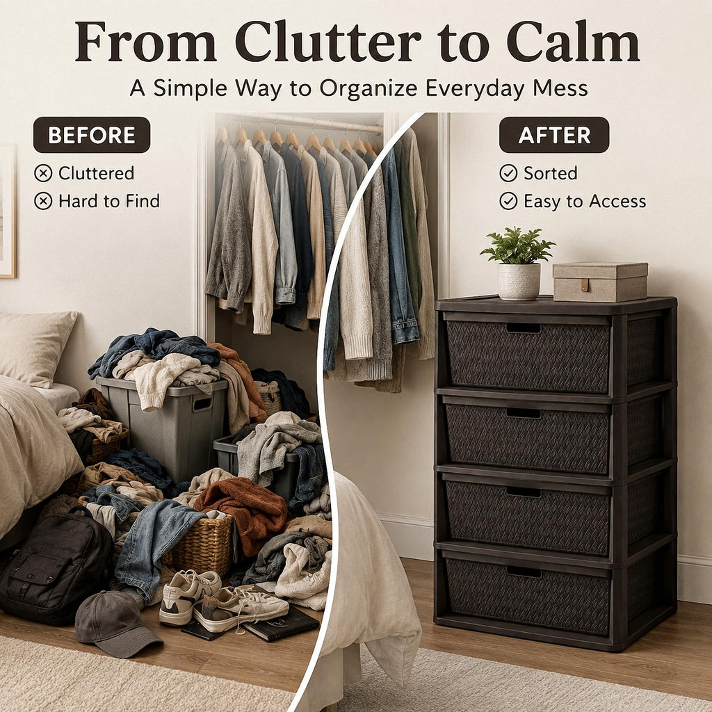 4 Drawer Plastic Storage Tower with Brown Weave Bins T64796