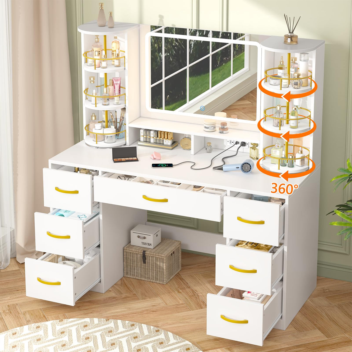 Vanity Desk with Mirror and Lights, 7 Drawers V313