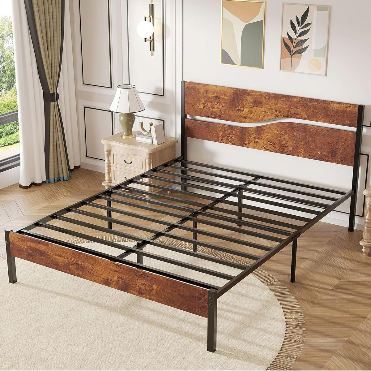 Full Size Metal Platform Bed with Wooden Headboard and Footboard S211