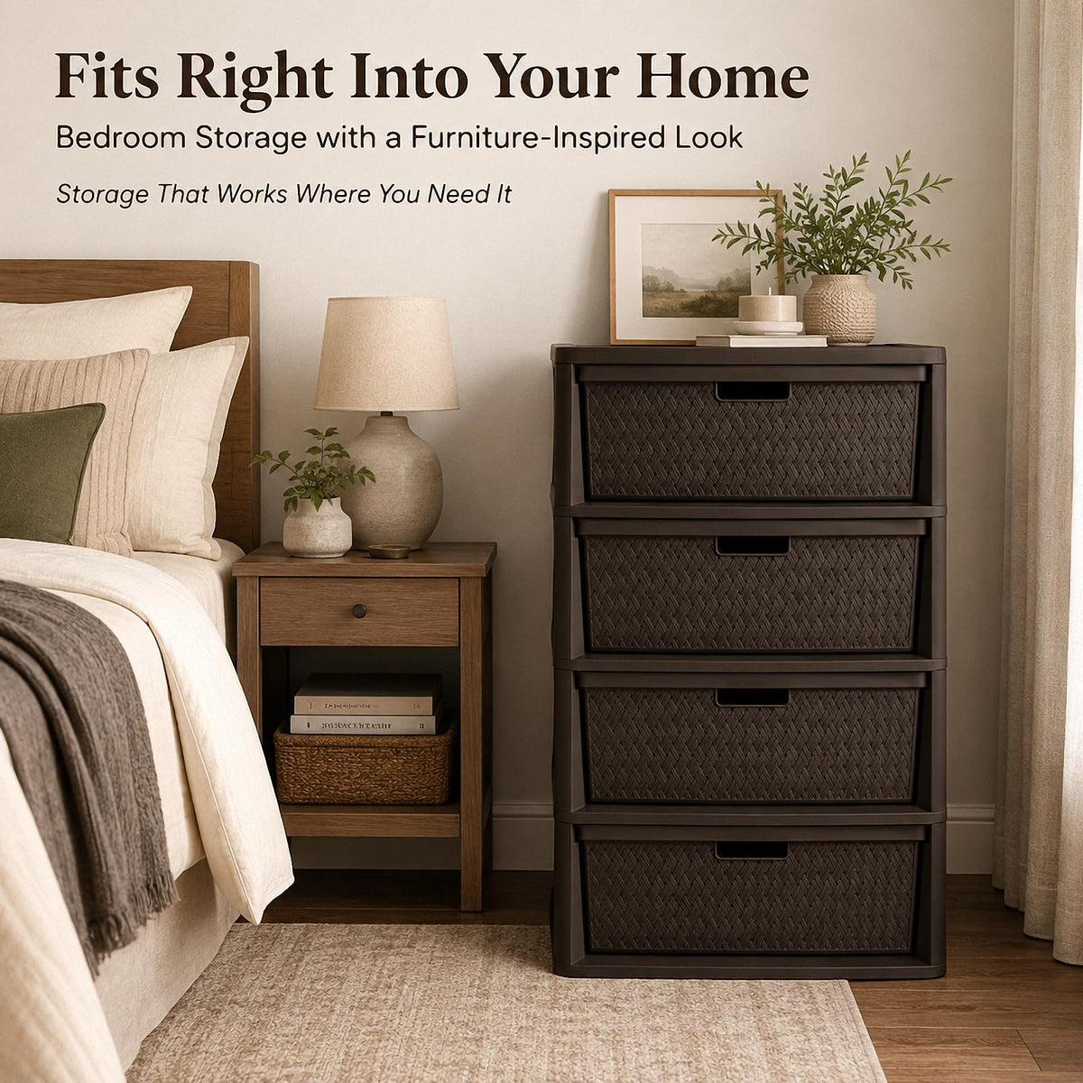 4 Drawer Plastic Storage Tower with Brown Weave Bins T64796