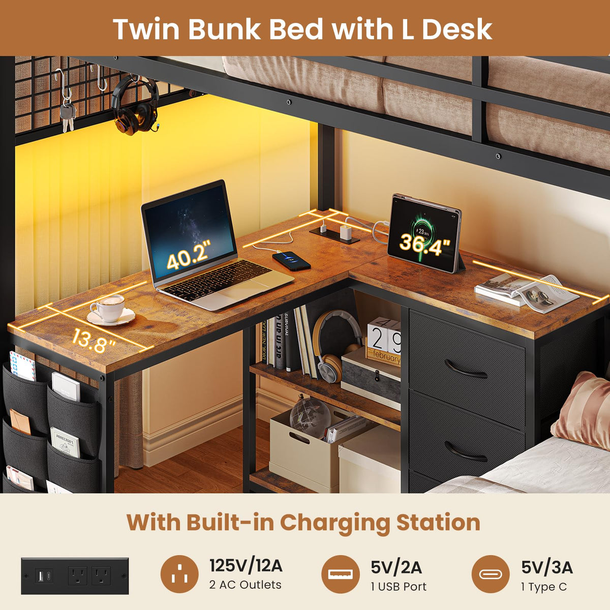 Twin Over Twin Bunk Bed with L Desk, Led Lights, Bookshelf, Storage Drawers & Charging Station, Black O311