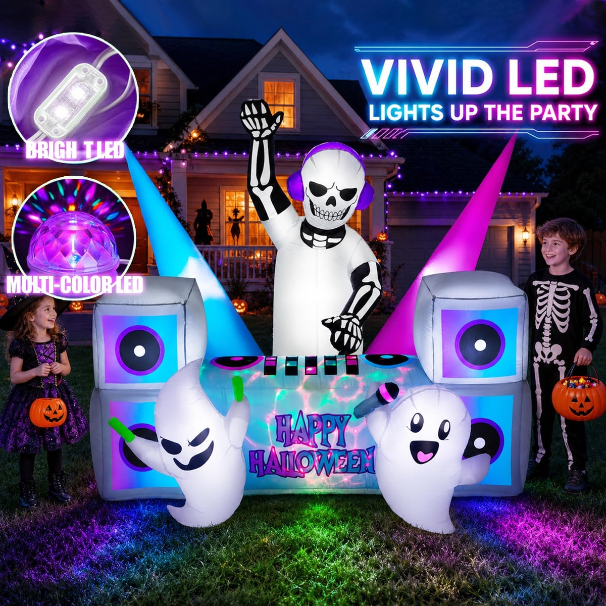 7FT Halloween Inflatable Skeleton DJ Ghosts with Multi-Color LEDs A331