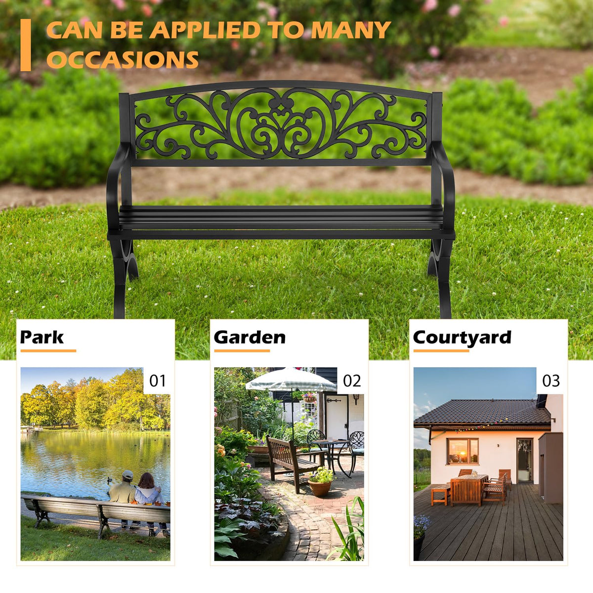 50" Outdoor Garden Bench Black 480lbs Load Capacity H6529