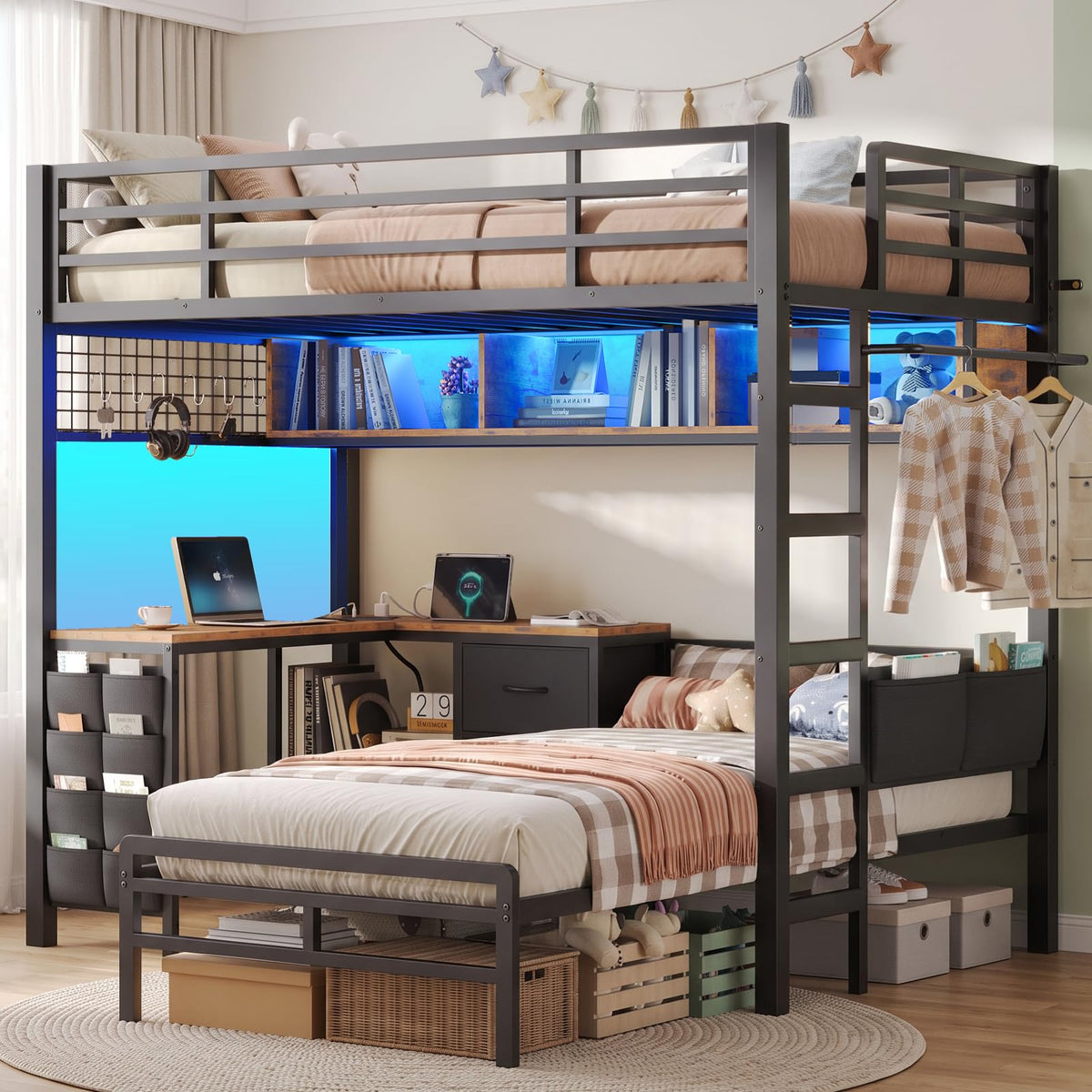 Twin Over Twin Bunk Bed with L Desk, Led Lights, Bookshelf, Storage Drawers & Charging Station, Black O311