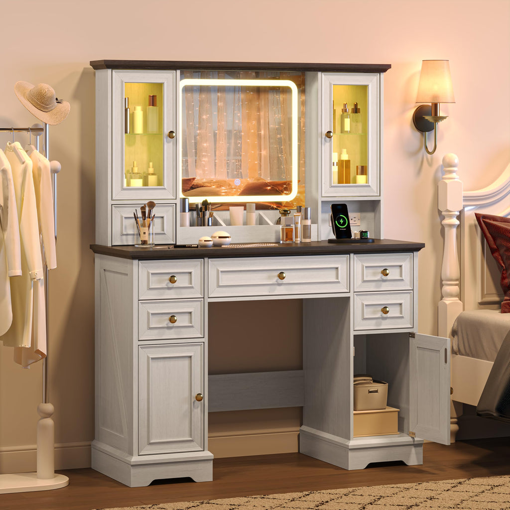 White Makeup Vanity Desk with Mirror and LED Lights K8345