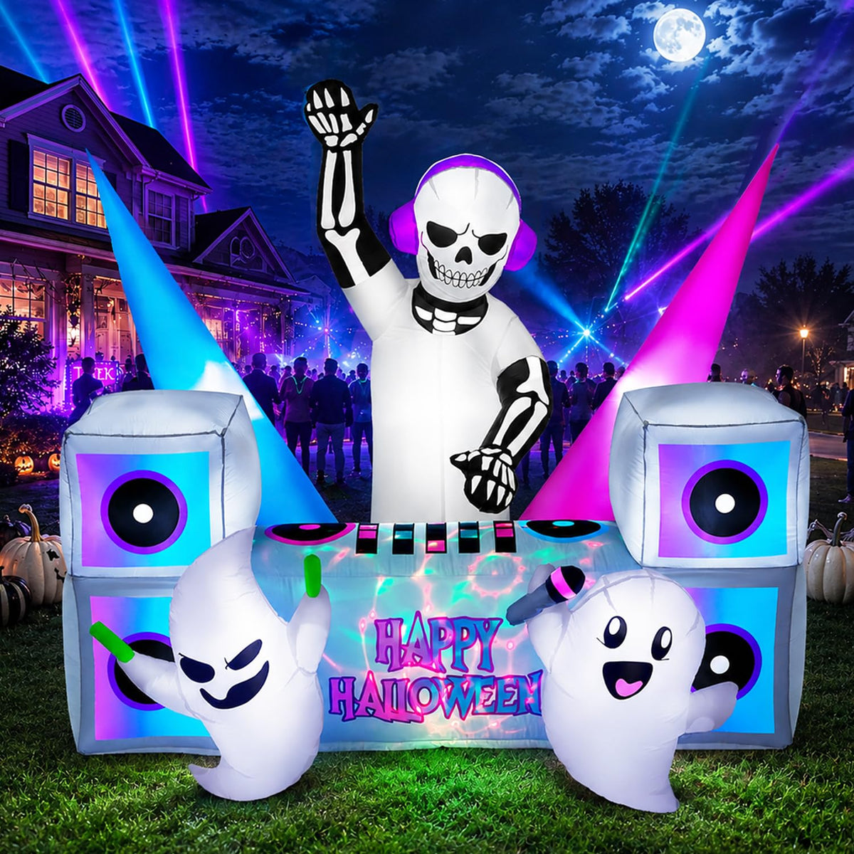 7FT Halloween Inflatable Skeleton DJ Ghosts with Multi-Color LEDs A331