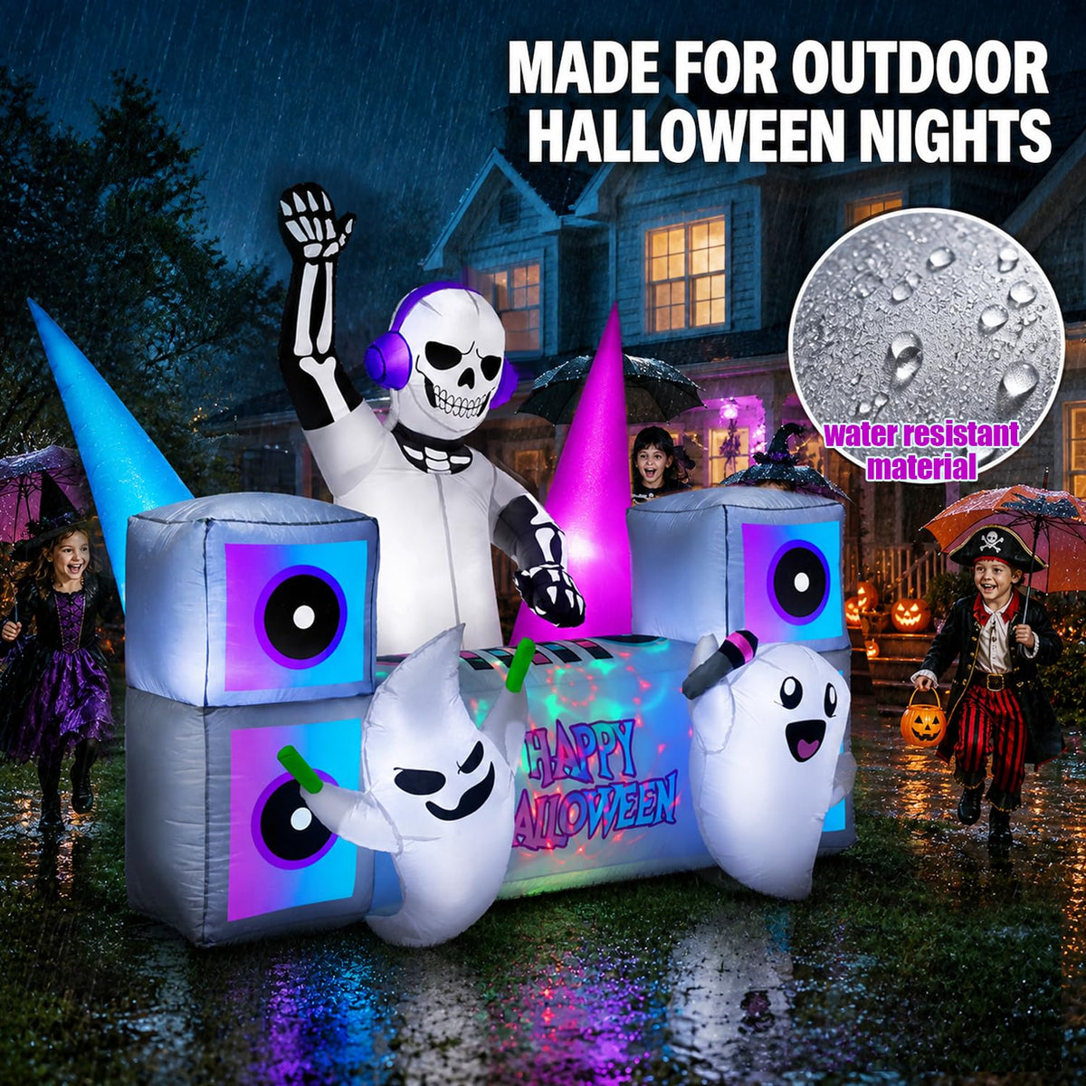 7FT Halloween Inflatable Skeleton DJ Ghosts with Multi-Color LEDs A331