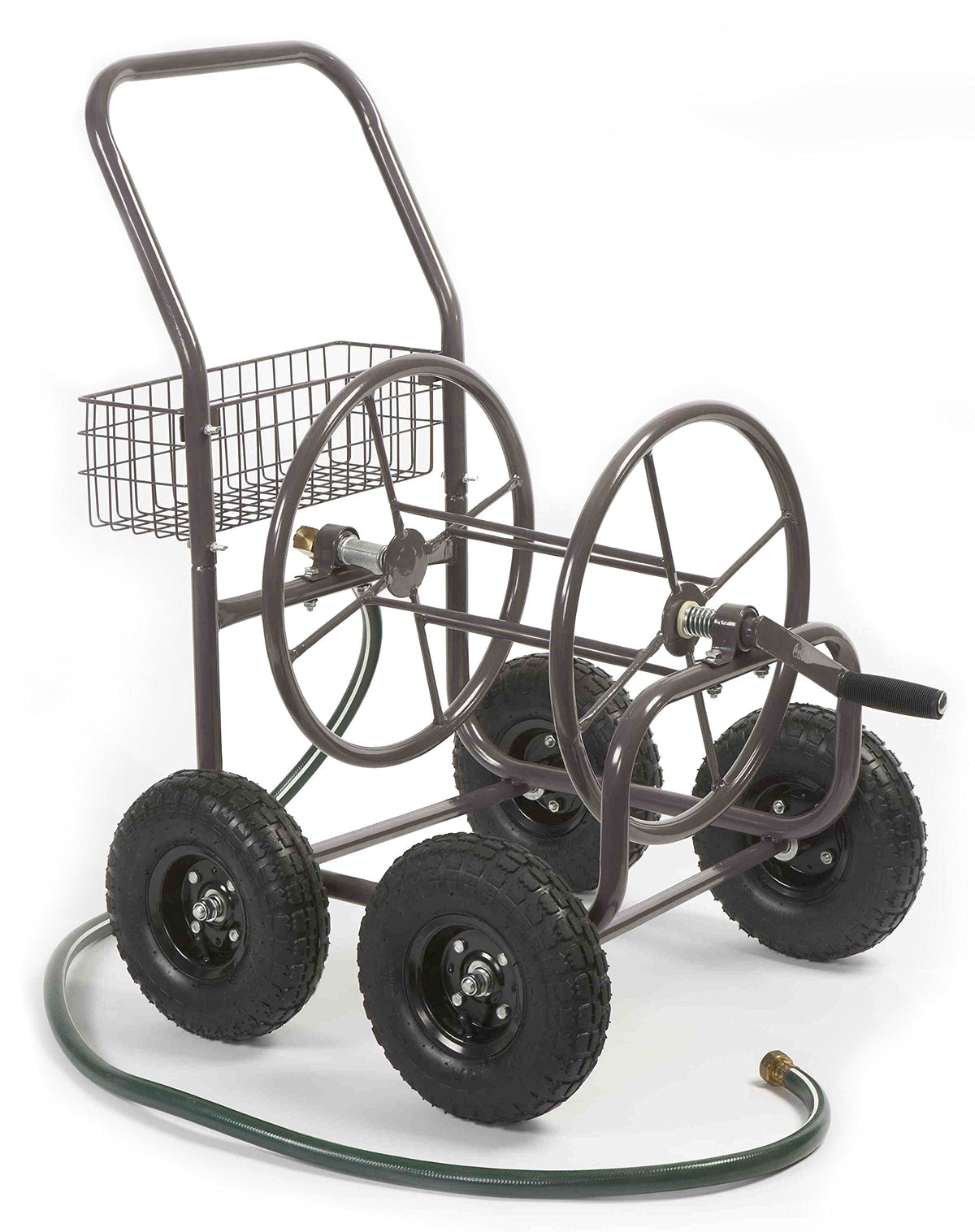 Four Wheel 250 Foot Capacity Steel Frame Water Hose Reel Cart with Basket M8248