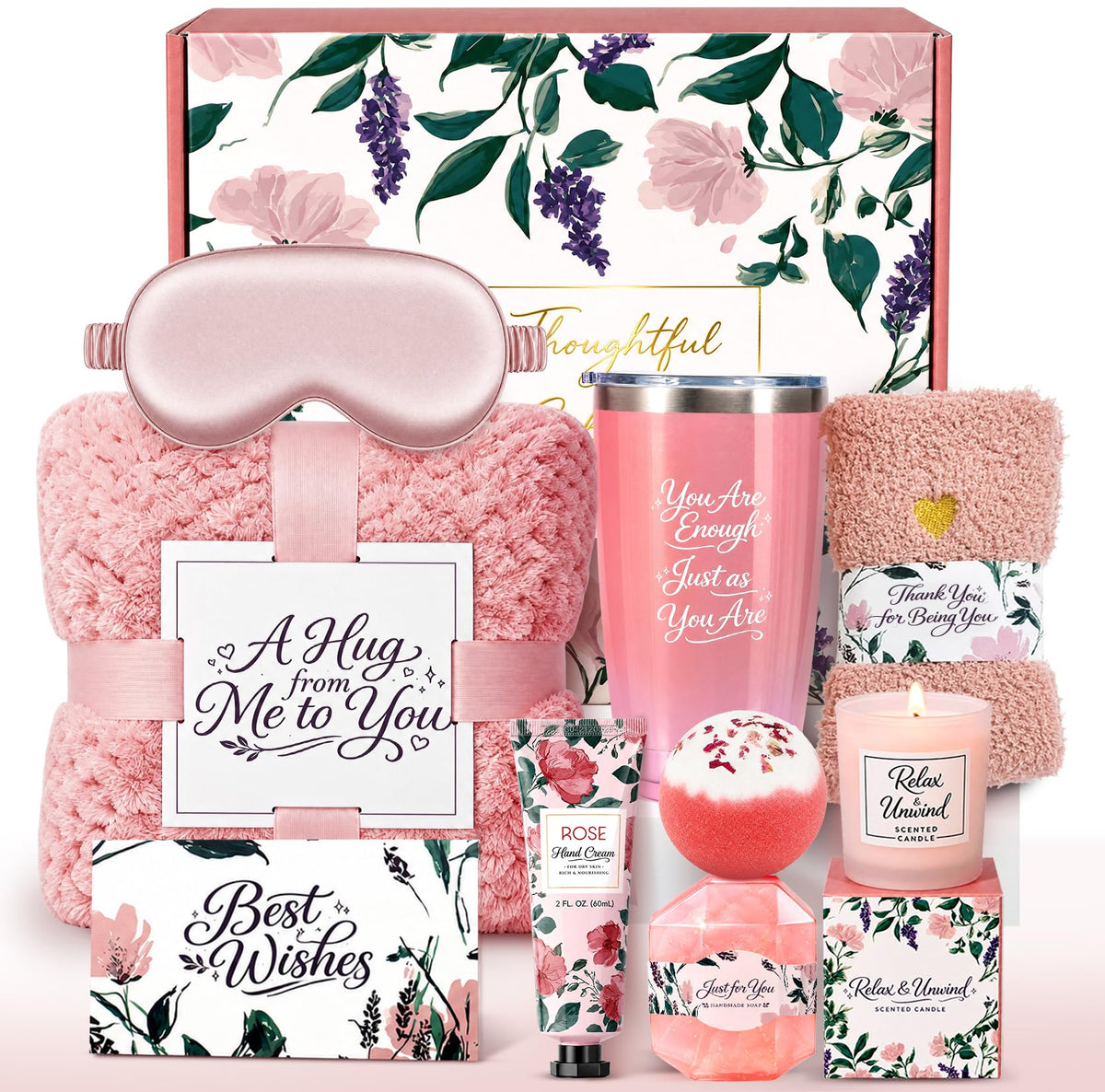 10-Piece Self Care Spa Gift Basket with Throw Blanket and Tumbler O9062