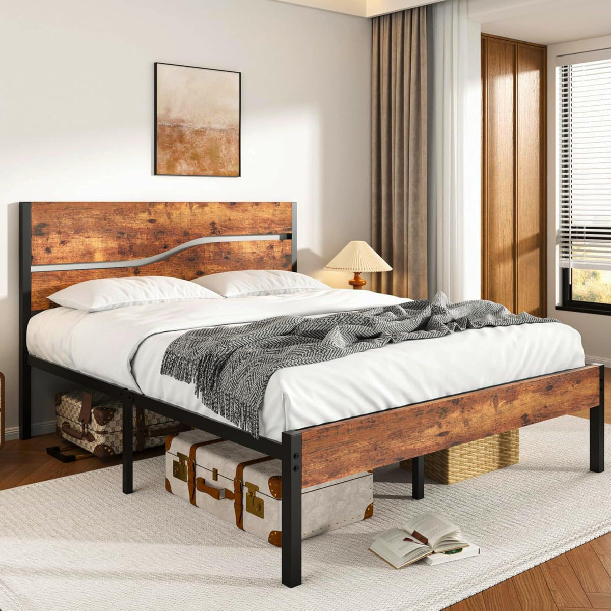 Full Size Metal Platform Bed with Wooden Headboard and Footboard S211