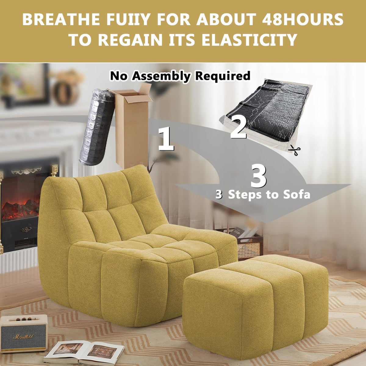 Yellow Memory Foam Bean Bag Chair with Ottoman N282482