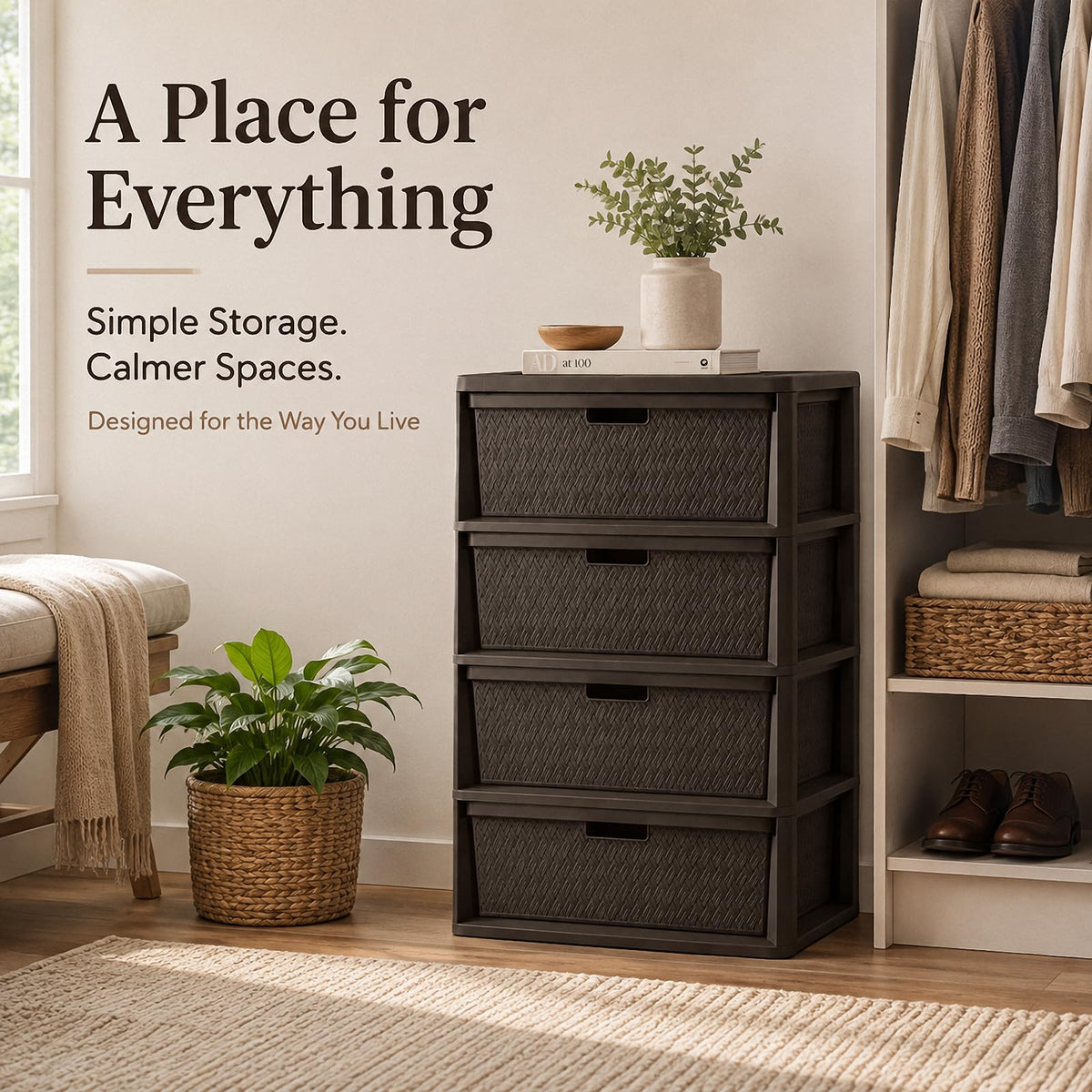 4 Drawer Plastic Storage Tower with Brown Weave Bins T64796
