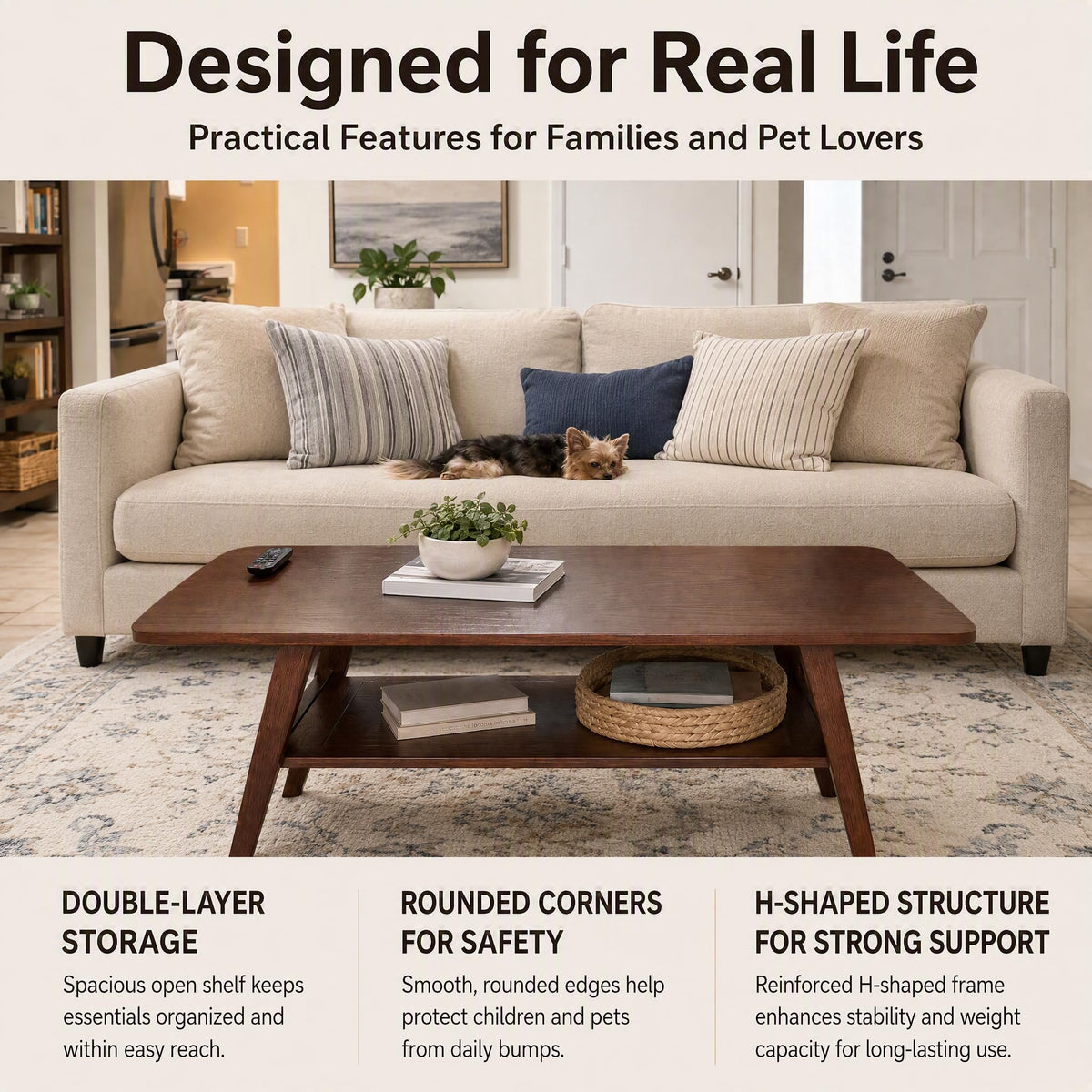 Solid Wood 2-Tier Coffee Table with Shelf Storage S8215
