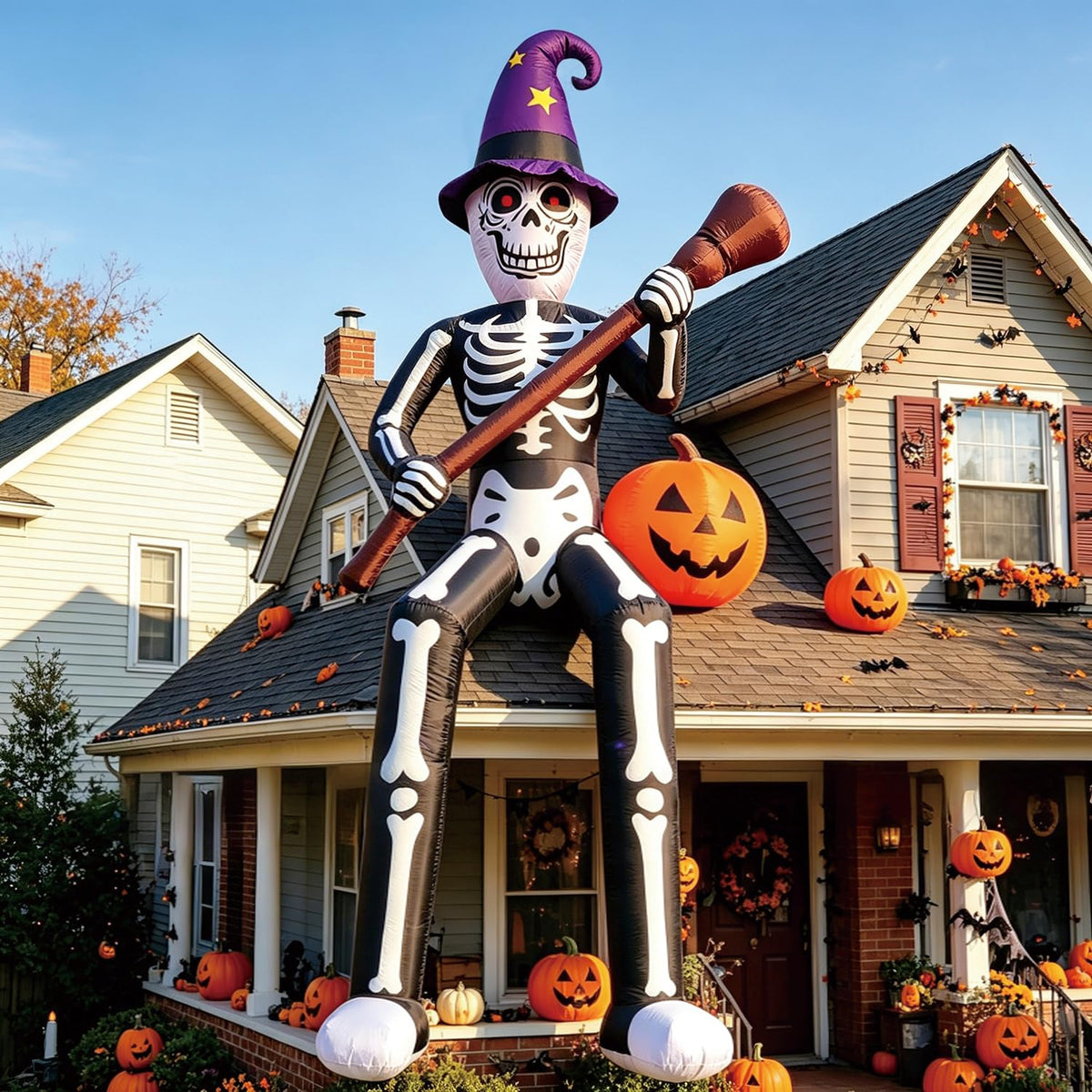 12 FT Halloween Inflatable Skeleton Wizard with Broom & Pumpkin U1074