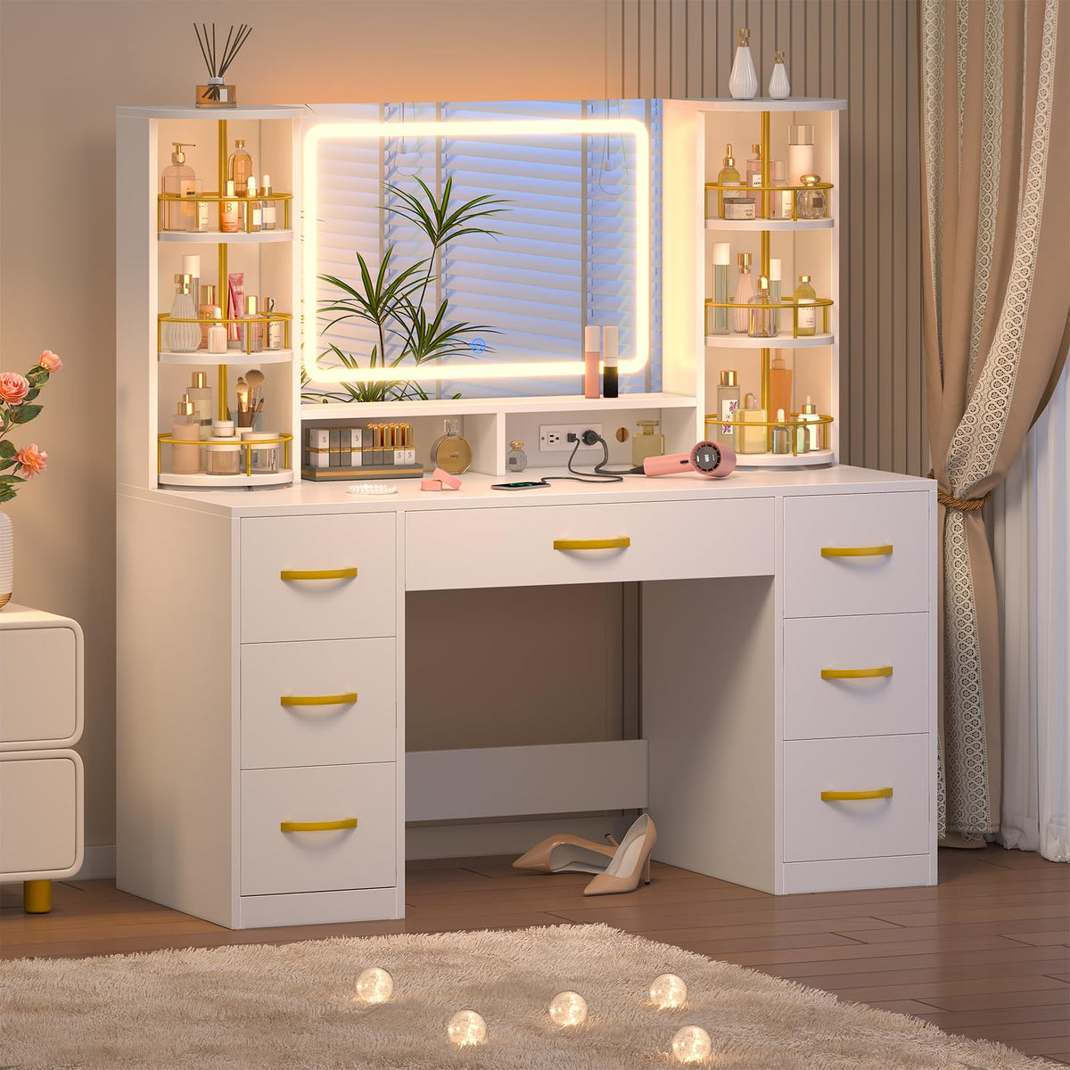 Vanity Desk with Mirror and Lights, 7 Drawers V313