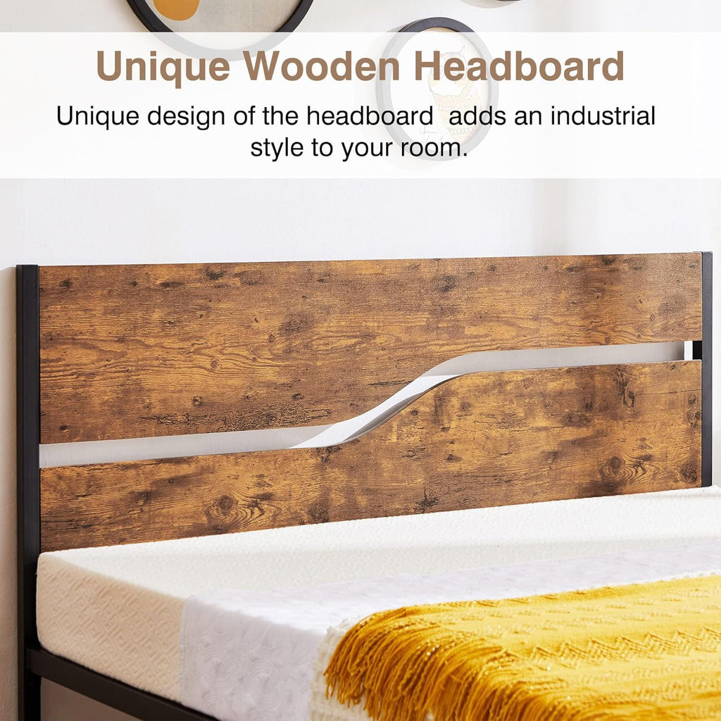 Full Size Metal Platform Bed with Wooden Headboard and Footboard S211