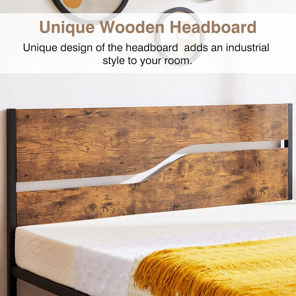 Full Size Metal Platform Bed with Wooden Headboard and Footboard S211