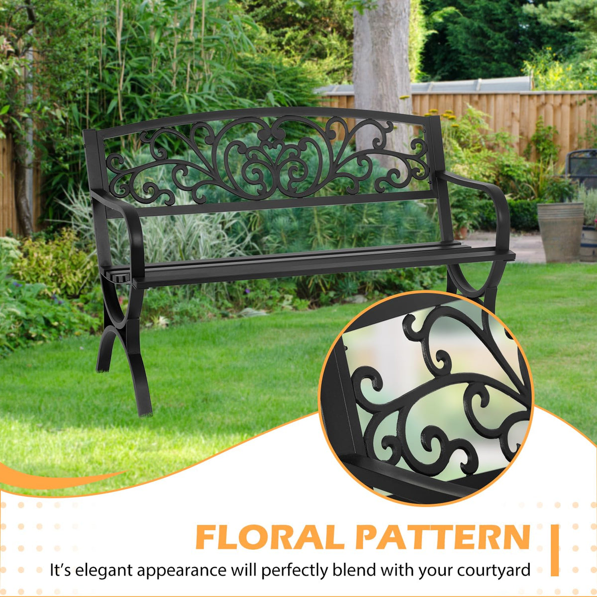 50" Outdoor Garden Bench Black 480lbs Load Capacity H6529
