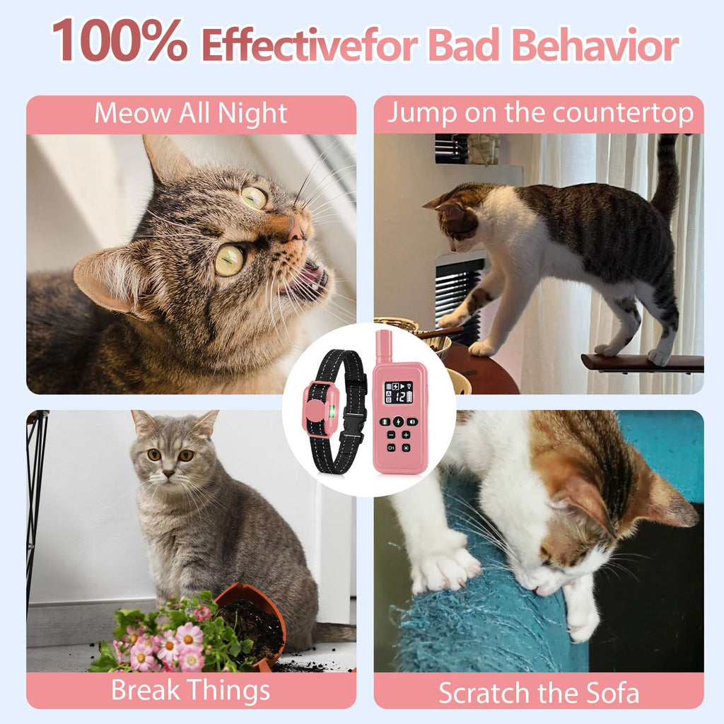 Cat Training Collar with Remote Shock Vibration Beep 3 Modes Waterproof Rechargeable Pink A2264
