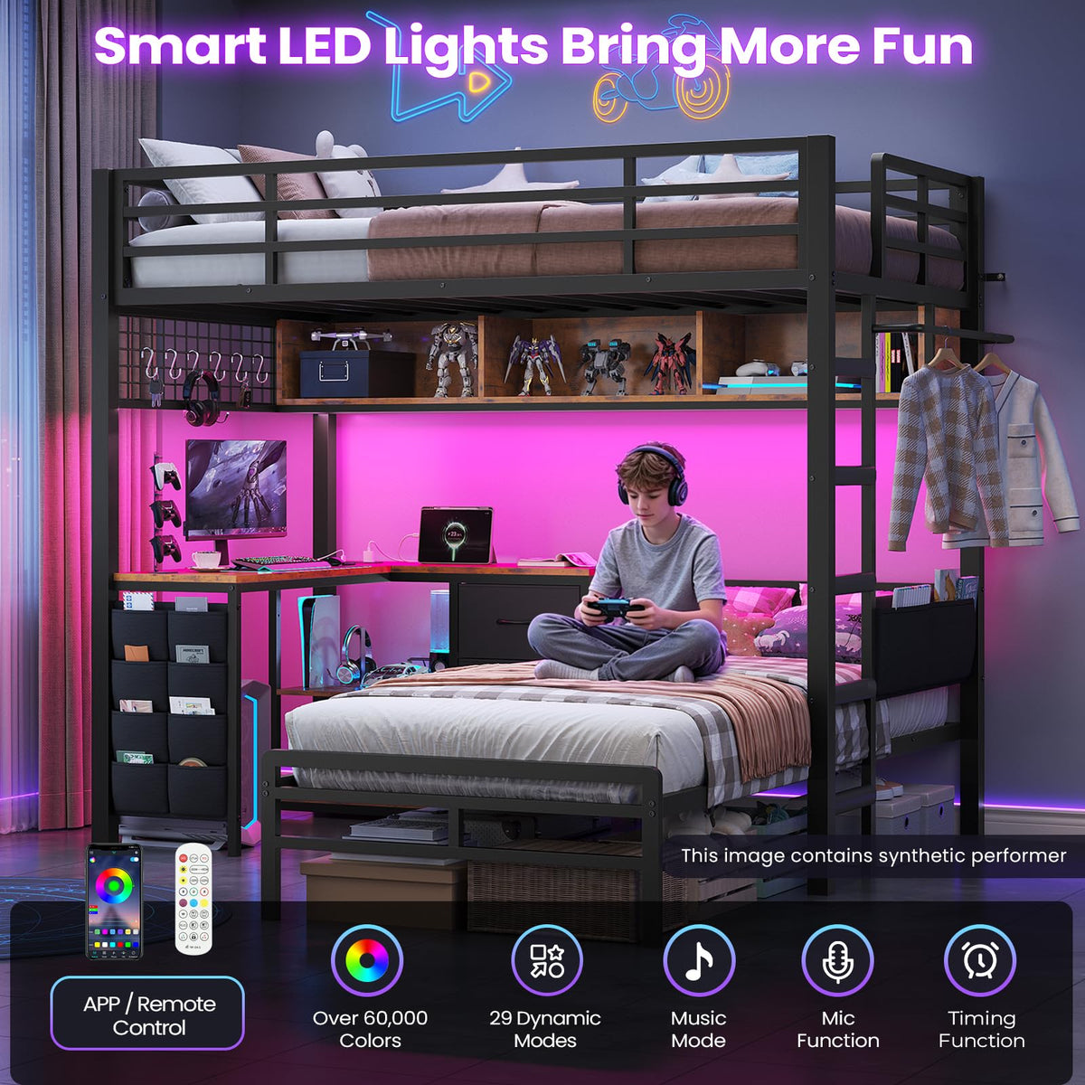 Twin Over Twin Bunk Bed with L Desk, Led Lights, Bookshelf, Storage Drawers & Charging Station, Black O311
