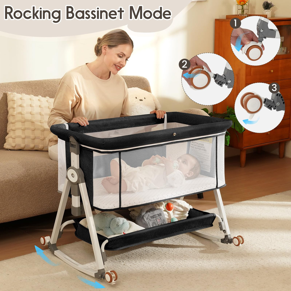 3 in 1 Baby Bassinets Bedside Sleeper with Storage Basket L565056