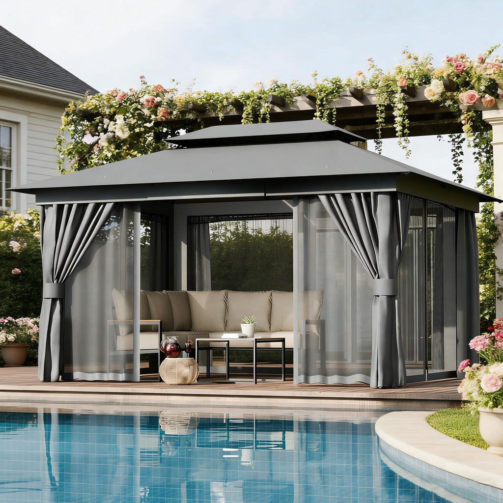 10x13 Outdoor Gazebo with Mosquito Netting and Privacy Screens A97258