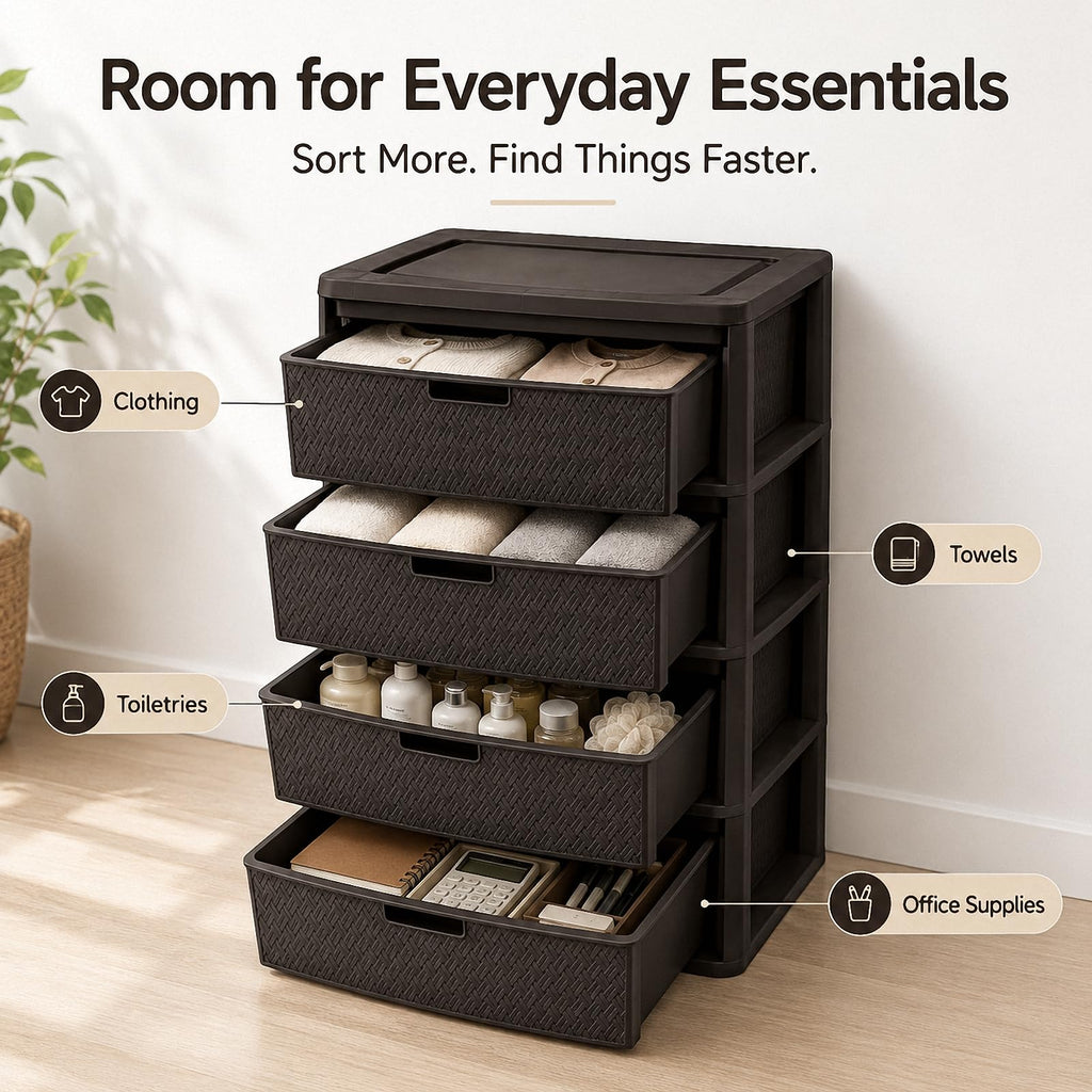 4 Drawer Plastic Storage Tower with Brown Weave Bins T64796